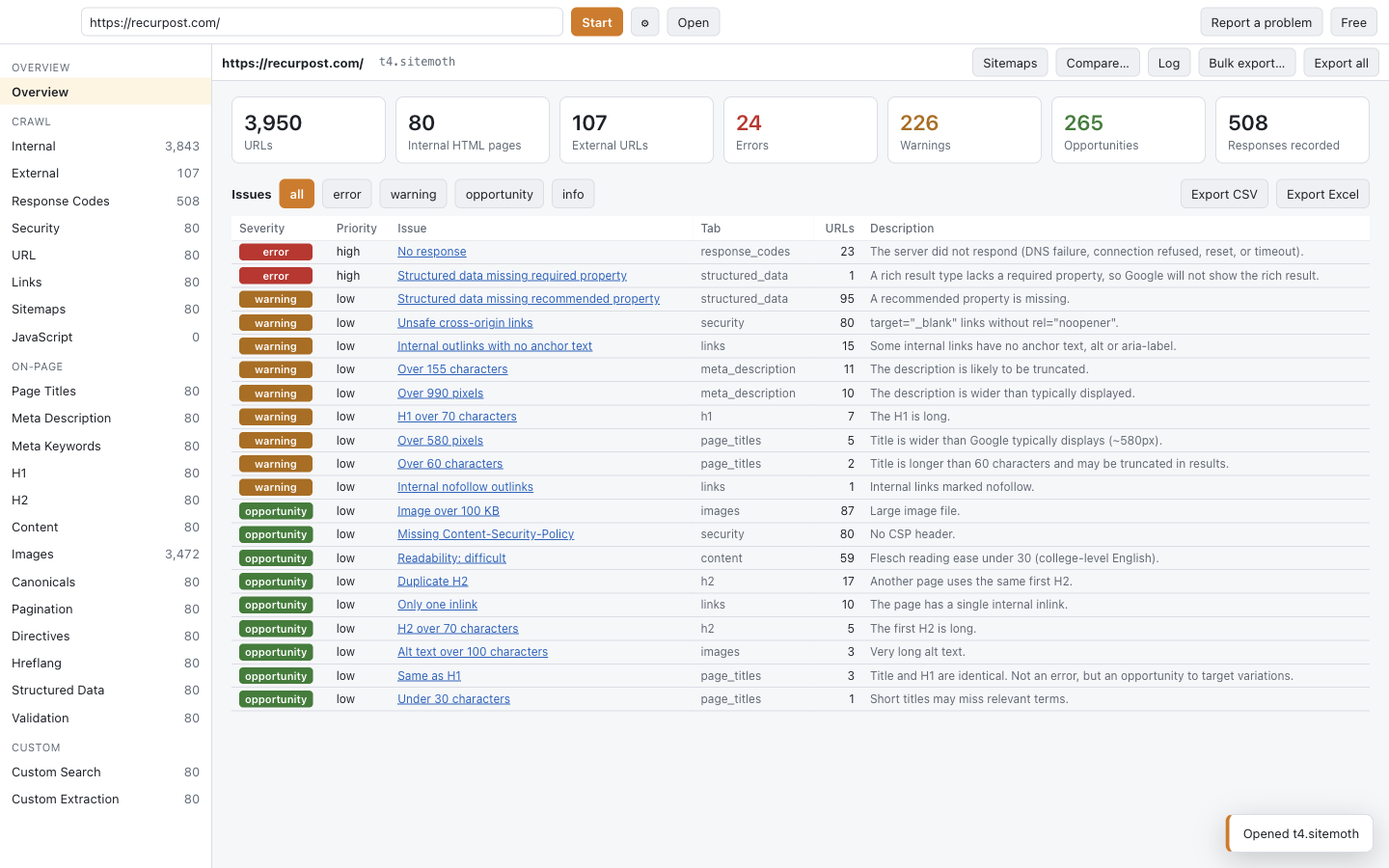 Sitemoth issues overview with severity and counts